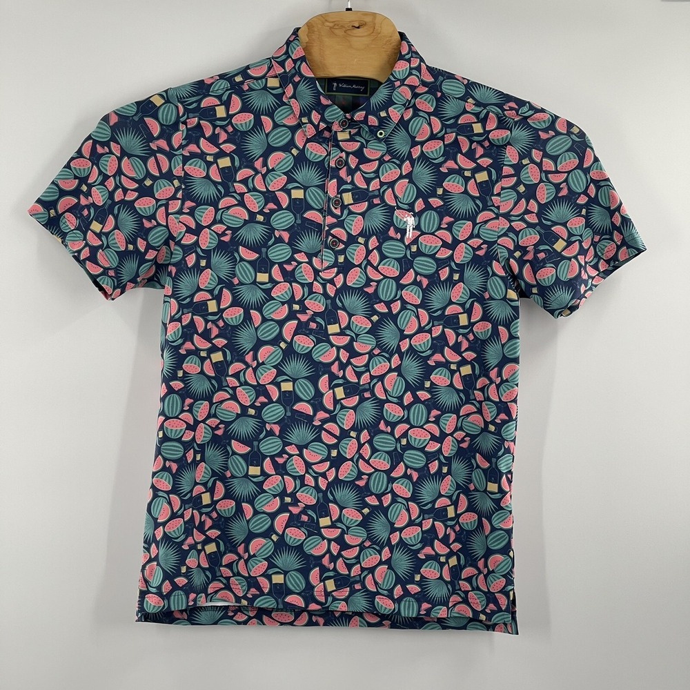 William Murray Mens Small Performance Golf Polo Blue Watermelon Drink Palm Shot